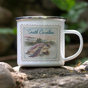 Myrtle Beach SC Tin Camping Mug – Loggerhead Sea Turtle Vintage Postage Stamp Style Enamel Cup – Coastal Gift Idea