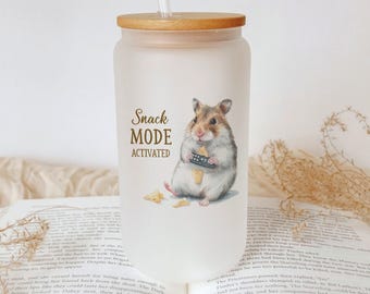 Snack Mode Hamster Glass Tumbler: Funny Animal Drinking Cup with Lid & Straw