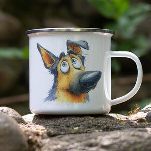 Cartoon German Shepherd Enamel Camping Mug – Watercolor Impasto Dog Art Tin Mug, Gift for Dog Lovers, Outdoor Coffee Cup
