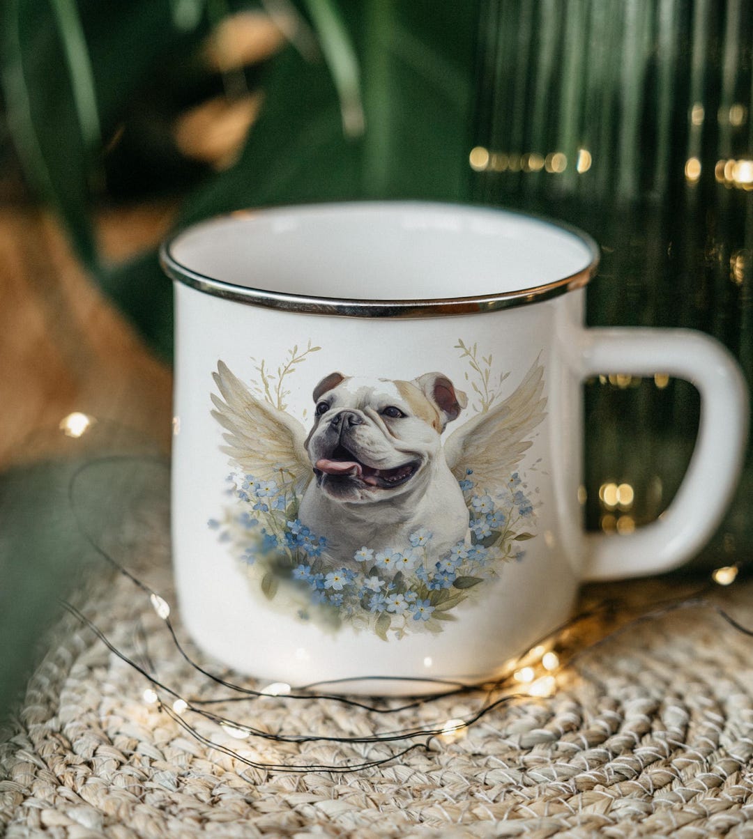 Bulldog Memorial Enamel Mug: Forget Me Not Flowers & Angel Wings - Etsy