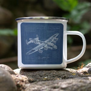 Lancaster Bomber Blueprint Enamel Mug – Vintage Aviation Camping Cup, RAF Gift, WWII Aircraft Tin Mug for History Buffs