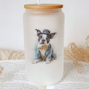 Boston Terrier Glass Tumbler: Dapper Dog Art, Bamboo Lid & Glass Straw