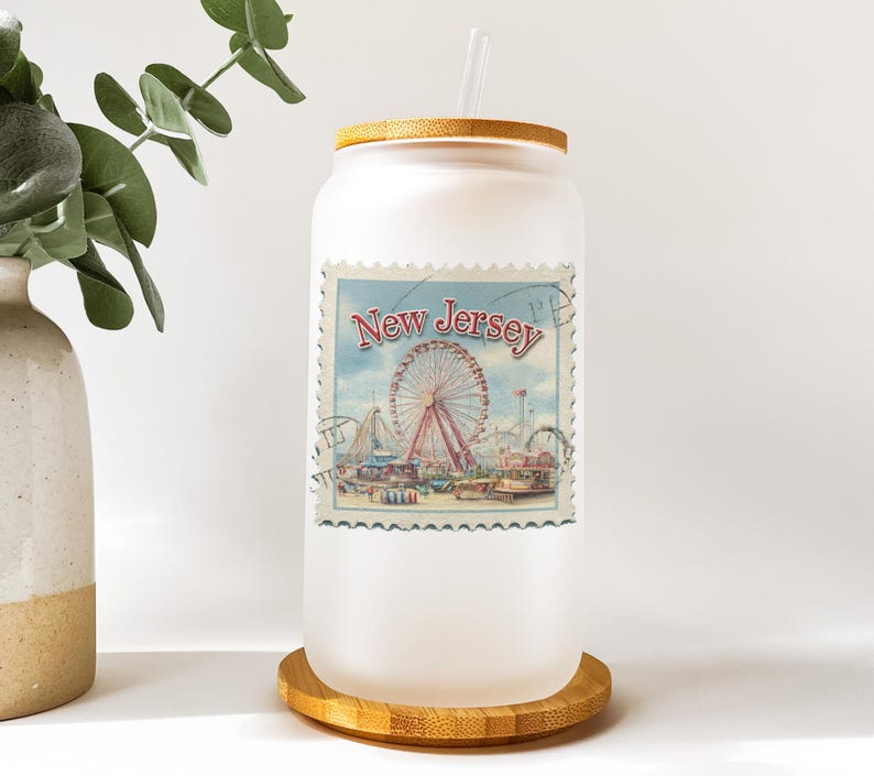 a vase with a plant in it next to a new jersey jar