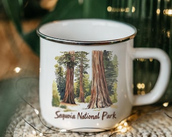 Sequoia National Park Enamel Mug: Giant Trees Watercolor Tin Cup