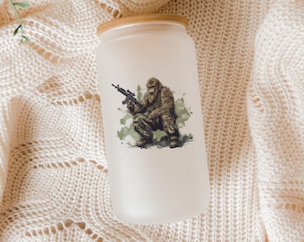 Armed Bigfoot Glass Tumbler: Funny Sasquatch Iced Coffee Cup with Lid & Straw