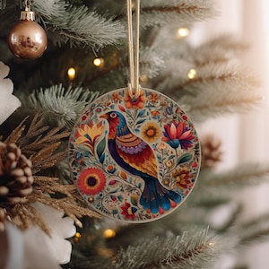 Handpainted Ceramic Bird Ornament: Folk Art Floral Christmas Decoration
