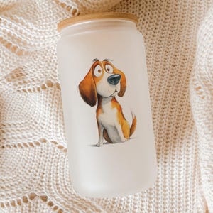 Cartoon Beagle Glass Tumbler – Big Eyes Dog Art, Watercolor Impasto Style, Cute Animal Drinkware, Gift for Dog Lovers