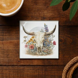 Southwest Longhorn Skull Glass Coaster with Desert Wildflowers & Tumbleweeds – Western Rustic Home Decor