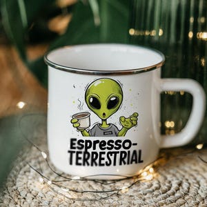 Funny Alien Coffee Tin Mug – Espresso-terrestrial Enamel Camping Mug, Retro UFO Gift for Coffee Lovers, Space Camper Cup
