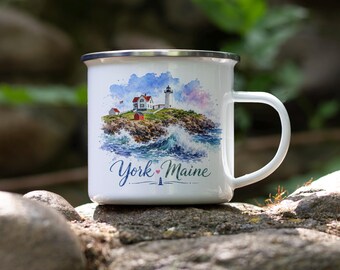 York Maine Nubble Lighthouse Enamel Camping Mug, Coastal Waves Shoreline