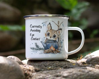 Funny Camping Mug: "Currently Avoiding Eye Contact" Enamel Tin Cup