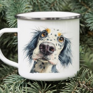 Cartoon English Setter Enamel Camping Mug – Watercolor Impasto Dog Art Tin Cup, Rustic Outdoor Gift for Dog Lovers