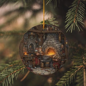 May include: Round Christmas ornament featuring a detailed illustration of a blacksmith's workshop. The scene includes a stone forge with a bright fire, two figures working, and various tools. The ornament is hanging from a gold string.