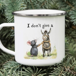 Funny &quot;I Don’t Give a Rat&#39;s Ass&quot; Tin Camping Mug – Enamel Coffee Cup with Rat Leading Donkey Illustration – Gag Gift for Hikers