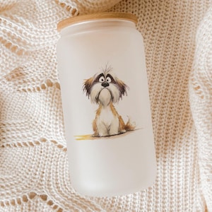 Cartoon Shih Tzu Glass Tumbler – Watercolor Impasto Dog Art Cup, Cute Pet Lover Gift, Hand-Painted Style Drinkware