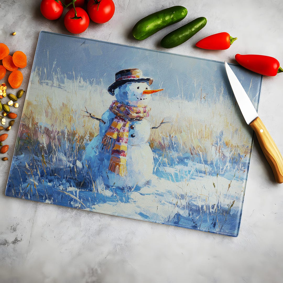Snowman Tempered Glass Cutting Board – Winter Christmas Kitchen Decor ...