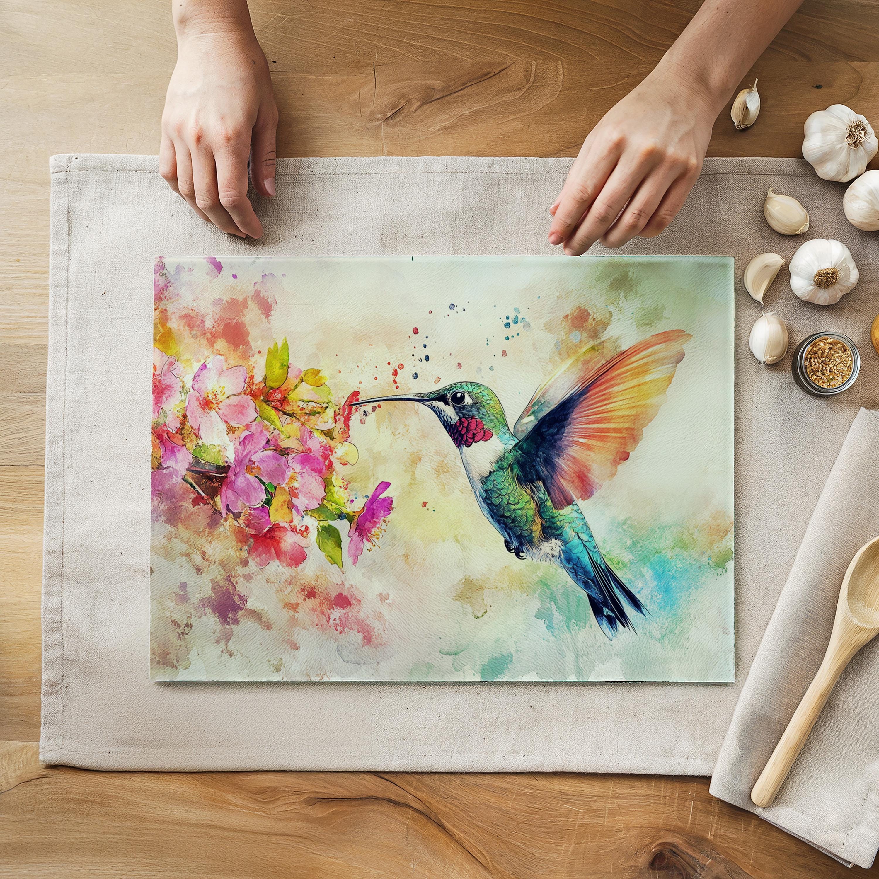 Hummingbird Glass Cutting Board: Watercolor Floral Kitchen Decor