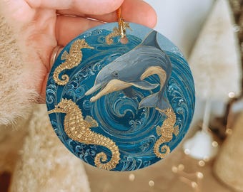Dolphin & Seahorse Parade Ceramic Ornament – Coastal Christmas Decor