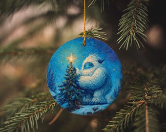 Abominable Snow Monster Tree Topper Ornament – Ceramic Yeti Christmas Decor, Holiday Star Hanging Decoration