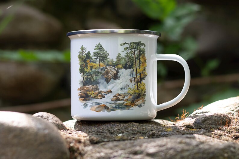 a coffee cup sitting on top of a rock