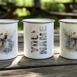 Three white ceramic mugs with images of a dog on them, placed on a wooden surface.
