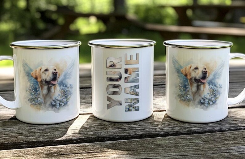 Three white ceramic mugs with images of a dog on them, placed on a wooden surface.