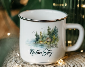 Forest Cabin Enamel Camping Mug: Nature Scene Tin Cup