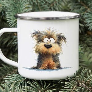 Yorkshire Terrier Enamel Camping Mug – Watercolor Impasto Dog Art, Cute Cartoon Tin Cup for Dog Lovers, Travel Coffee Mug