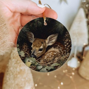 Fawn in Pinecones Ceramic Ornament: Woodland Christmas Tree Decoration