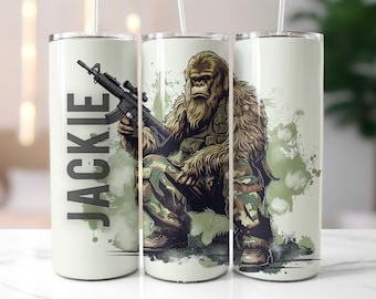 Bigfoot Military Personalized Tumbler - Stealth Squatch, Armed Sasquatch, Cryptid Soldier, Forest Patrol, Legendary Warrior