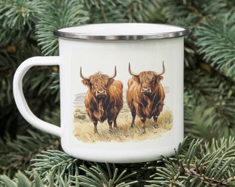 Highland Cow Enamel Camping Mug: Scottish Farmhouse Drinkware