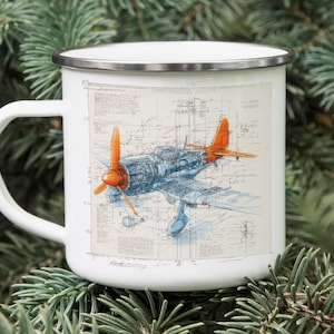 WW2 Plane Blueprint Enamel Camping Mug: Vintage Aviation Gift