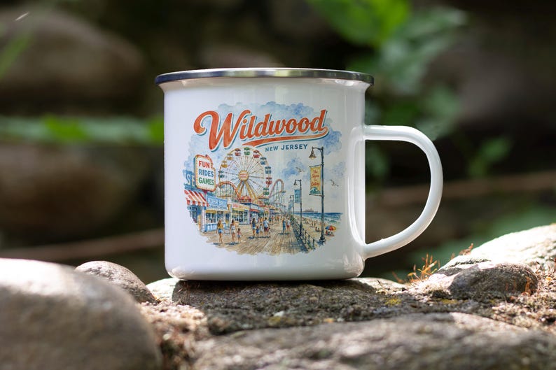 A white ceramic mug with a printed design depicting a carnival scene in New Jersey.