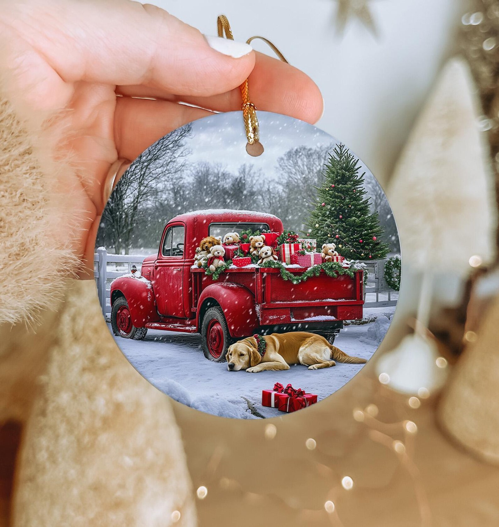 Red Truck Ceramic Ornament, Vintage Gift Decor, Teddy Bear Theme, Dog