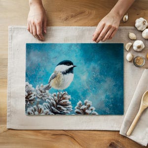 Chickadee Tempered Glass Cutting Board – Winter Bird Kitchen Decor