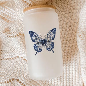 Blue Butterfly Floral Glass Tumbler: Chinese Porcelain Style