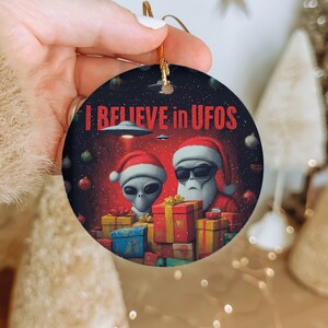 Funny Alien Christmas Ornament: Ceramic UFO with Santa Hat