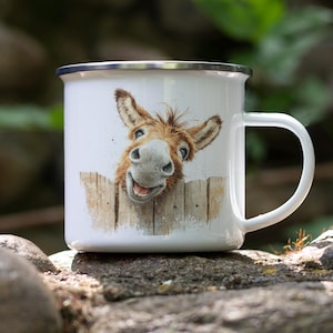 Cheerful Donkey Tin Camping Mug – Funny Animal Enamel Mug, Rustic Farm Fence Design, Gift for Outdoorsy Animal Lovers
