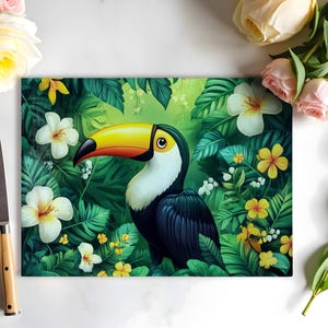 Tropical Toucan Glass Cutting Board: Colorful Jungle Kitchen Decor