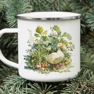 Duck in Vegetable Garden Enamel Camping Mug – Cute Farm Animal Tin Mug for Outdoors, Nature Lovers, Gardeners Gift