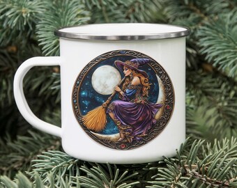 Witch on Moon Enamel Mug: Celestial Halloween Coffee Cup