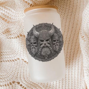 Viking Skull Glass Tumbler: Norse Warrior Bas Relief, Gothic Barware