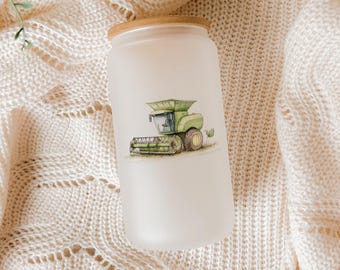 Watercolor Harvester Glass Tumbler: Farm Tractor Art, Bamboo Lid & Glass Straw