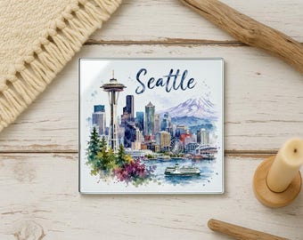 Seattle Cityscape Glass Coaster, Skyline Souvenir, Space Needle Art, Washington Home Décor