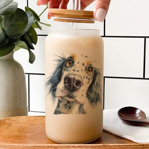 Cartoon English Setter Glass Tumbler – Watercolor Dog Art Cup, Impasto Style Pet Lover Gift, Hand-Painted Look Drinkware