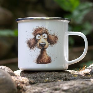 Cartoon Poodle Enamel Camping Mug – Watercolor Impasto Dog Art Tin Cup, Cute Pet Lover Gift, Rustic Coffee Mug for Outdoors