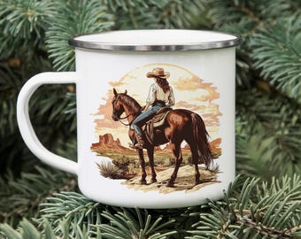 Vintage Cowgirl Enamel Camping Mug: Retro Western Coffee Cup