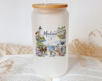 Mackinac Island Postcard Glass Tumbler, Michigan Travel Souvenir Drinkware Cup