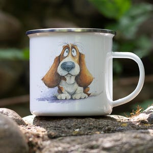 Cartoon Basset Hound Enamel Camping Mug – Watercolor Impasto Dog Art Tin Cup, Rustic Gift for Dog Lovers, Outdoors Drinkware