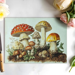 May include: A rectangular cutting board featuring a detailed illustration of various mushrooms in shades of red, orange, yellow, and brown. The mushrooms are set against a light green background with green foliage. A stainless steel knife with a light brown handle is on the left.